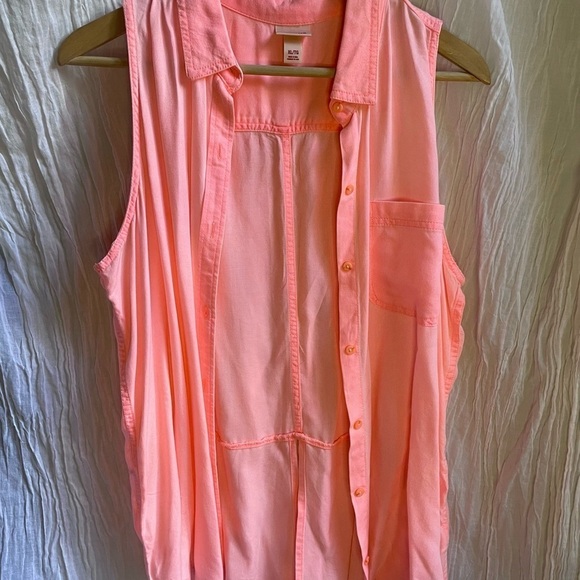 Mossimo Sleeveless Top Neon Pink Salmon Collared Button Down, XL - Picture 6 of 7